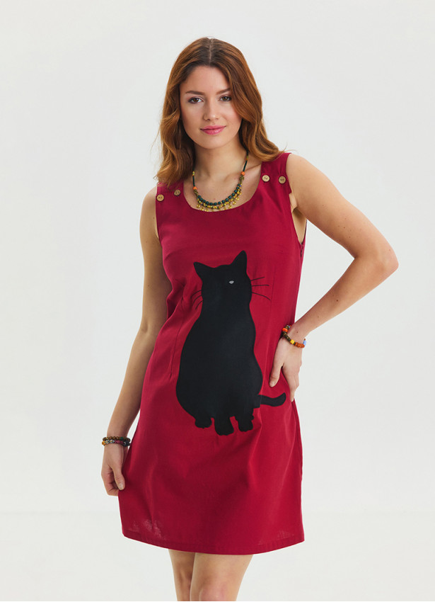 U-Neck Cat Figure Button Detailed Red Mini Dress 4528